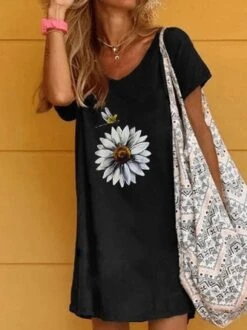 Black Printed Cotton Casual Dress