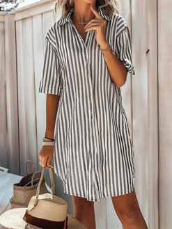 Casual Loose Shirt Collar Striped Dress