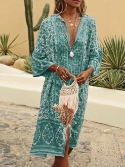 Women Boho V Neck V Neck Three Quarter Sleeve Loose Ethnic Vacation Dress -Women's Fashion Store 03 jpg 1546419454119
