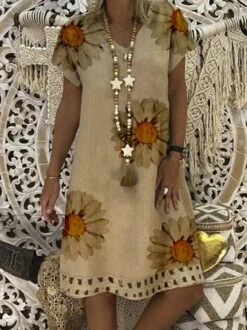 Khaki Cotton Printed V Neck Casual Dress