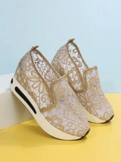 Floral Embroidered Mesh Paneled Slip-On Wedge Sneakers -Women's Fashion Store 0588019d779a834115d831a8ce58e3aa