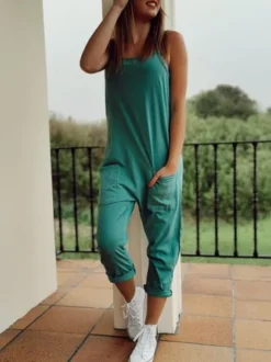 Womens Green Pockets Casual Solid Color Jumpsuit