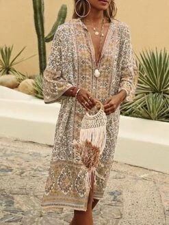 Women Boho V Neck V Neck Three Quarter Sleeve Loose Ethnic Vacation Dress -Women's Fashion Store 1 jpg 1546419455371