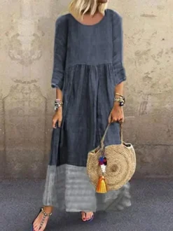 Crew Neck Gray Women Shift Date Linen Crew Neck Plain Linen Paneled Weaving Dress