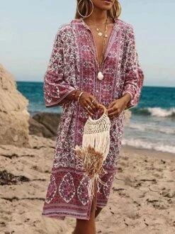 Women Boho V Neck V Neck Three Quarter Sleeve Loose Ethnic Vacation Dress -Women's Fashion Store 10 jpg 1582037860602