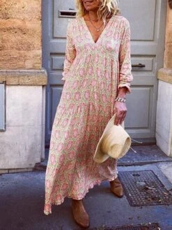 Summer Weaving Dress Long Sleeve Floral Weaving Dress Holiday V Neck Gathered Holiday Weaving Dress