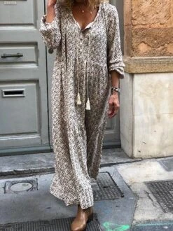 Boho Floral Maxi Women Dress Long Sleeve V Neck Women Dress
