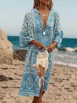 Women Boho V Neck V Neck Three Quarter Sleeve Loose Ethnic Vacation Dress -Women's Fashion Store 11 jpg 1582037859791