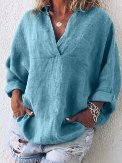 Women's Shirt Blouse Linen Cotton V Neck Casual Plain Pockets Long Sleeve Blouse