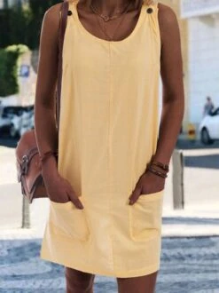 Women Sleeveless Strap Dress Shift Cotton-Blend Dress