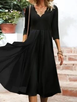 Women Plain Autumn Elegant V Neck Three Quarter Sleeve Dress