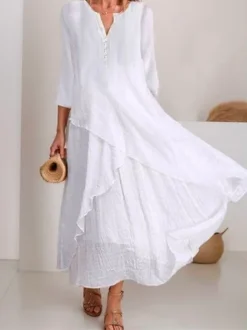 Women's Casual Dress Cotton Linen Dress Swing Dress Maxi Long Dress Cotton Blend Basic Elegant Outdoor Daily V Neck Button Pocket Summer Spring Regular Fit Plain