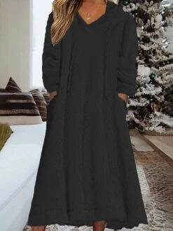 Casual Plain Winter Loose Drawstring Fluff/Granular Fleece Fabric Hoodie Dress -Women's Fashion Store 1c4ff70c0fc6321436ae2bcd1b5edc69