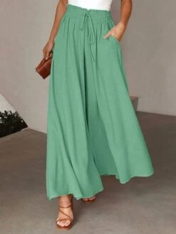 Women Wide Leg Pants Summer Boho Elastic Waist Drawstring Pockets Flowy Beach Trousers -Women's Fashion Store 1c543c2cb44ec8627ff88f907f26fd7d