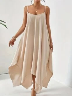 Loose Plain Casual Spaghetti Dress With No