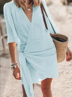 V Neck Knot Front Casual Loose Dress -Women's Fashion Store 1ce66d96695f7303bdff440e206455dd
