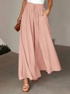 Women Wide Leg Pants Summer Boho Elastic Waist Drawstring Pockets Flowy Beach Trousers -Women's Fashion Store 1e8d6f1746cec93e1556ab26fd5a51a6