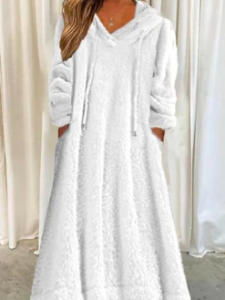 Casual Plain Winter Loose Drawstring Fluff/Granular Fleece Fabric Hoodie Dress -Women's Fashion Store 213e00066c13403b04e57e7b378c43a5
