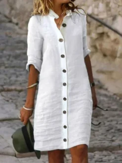 Women Casual Loose Three Quarter Sleeve Button Down Shirt Collar Plain Cotton And Linen Shirt Dress