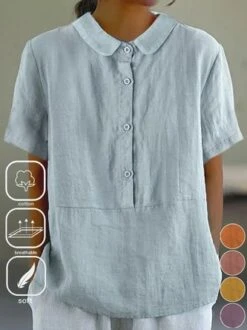 Casual Plain Loose Buckle Blouse
