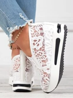 Floral Embroidered Mesh Paneled Slip-On Wedge Sneakers -Women's Fashion Store 253ff232b15a61bcf8d738b7d3c02a68