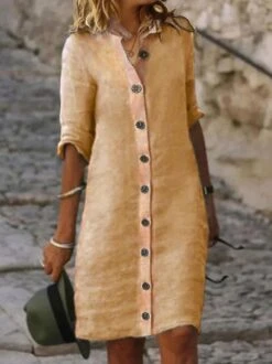 Women Casual Loose Three Quarter Sleeve Button Down Shirt Collar Plain Cotton And Linen Shirt Dress -Women's Fashion Store 2a3f584fd459c39e7074ee660d18efab