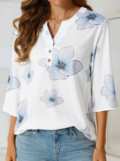 Women's Shirt Blouse Floral Blue Button Casual Shirt Collar Half Sleeve Tops -Women's Fashion Store 2caafb0cdcf75024c28d571073b0be2e