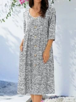 Women Casual Plain Three Quarter Sleeve Button V Neck Pockets Spring Midi Dress -Women's Fashion Store 2d378b51e3d406dcd60cff679e1b20d7