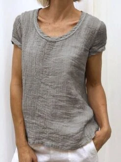 Women's Shirt Blouse Linen Cotton Casual Plain Crew Neck Cotton Short Sleeve Linen Top