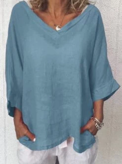 Women Shift 3/4 Sleeve V Neck Casual T-Shirt