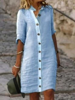 Women Casual Loose Three Quarter Sleeve Button Down Shirt Collar Plain Cotton And Linen Shirt Dress -Women's Fashion Store 30c5cba1b2a8c23b9a0a5896a8c8c42e