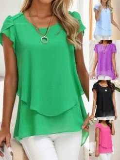 Women's Short Sleeve Shirt Summer Green Chiffon Crew Neck Daily Going Out Top -Women's Fashion Store 35703f6f41c2ec36054d6ba23bb7203e