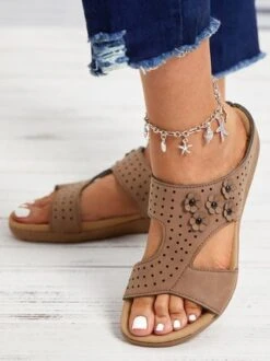 Khaki Retro Flowers Breathable Hollow Casual Sandals