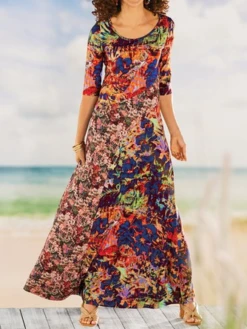 Casual Floral Autumn Daily Long Three Quarter Crew Neck Medium Elasticity Regular Size Dress For Women