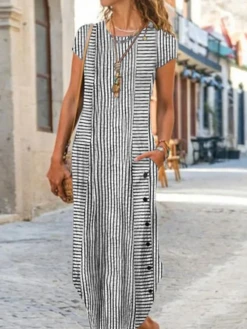 Casual Loose Striped Dress With No -Women's Fashion Store 419a2d9f4028781ea92b4b6f9d937bf4