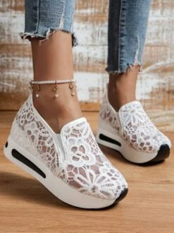 Floral Embroidered Mesh Paneled Slip-On Wedge Sneakers -Women's Fashion Store 4365ab18cbbca4b789edb17a9c25ae4d