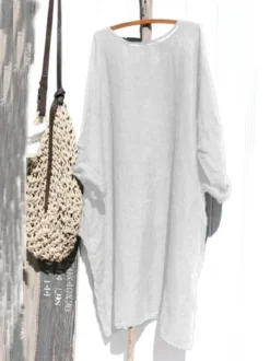 Women Casual Crew Neck Solid Long Sleeve Cotton And Linen Dress