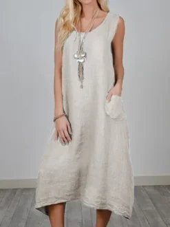 Women Summer Sleeveless Pockets Crew Neck Daily Cotton Plain Linen Dress