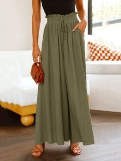 Women Wide Leg Pants Summer Boho Elastic Waist Drawstring Pockets Flowy Beach Trousers -Women's Fashion Store 47cb019c1b032434444308f57da03e6b