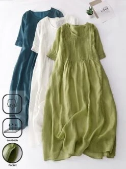 Loose Pleated Vacation V Neck Dress
