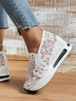 Floral Embroidered Mesh Paneled Slip-On Wedge Sneakers -Women's Fashion Store 4cb398622651fc010651598b4a755dbe