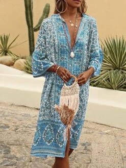 Women Boho V Neck V Neck Three Quarter Sleeve Loose Ethnic Vacation Dress -Women's Fashion Store 5 jpg 1546419455339