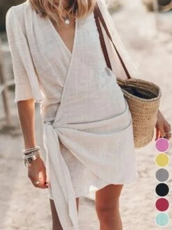 V Neck Knot Front Casual Loose Dress