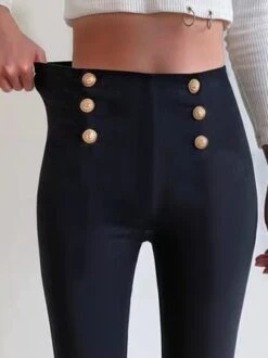 Women Casual Solid High Waist Button Skinny Leggings High Stretchy Work Pants