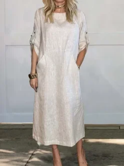 Loose Plain Casual Crew Neck Dress With No