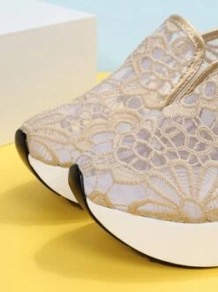 Floral Embroidered Mesh Paneled Slip-On Wedge Sneakers -Women's Fashion Store 558eca545845a1479b4a57643207ea0c