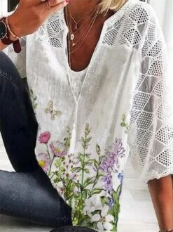 Women Printed V Neck Casual Three Quarter Sleeve T-shirt
