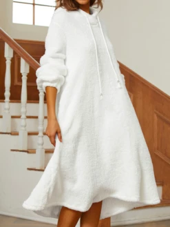 Casual Plain Winter Loose Drawstring Fluff/Granular Fleece Fabric Hoodie Dress -Women's Fashion Store 584ba74c034b0fc16e42ba726694098f