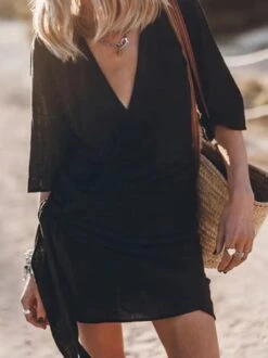 V Neck Knot Front Casual Loose Dress -Women's Fashion Store 595cf92f8b5046bcb25f413ee4724787