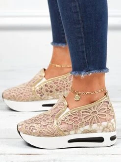 Floral Embroidered Mesh Paneled Slip-On Wedge Sneakers -Women's Fashion Store 61914482bfd1e8873e845609a4a77b1d